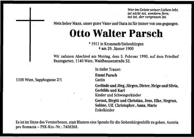 Parsch otto Walter 1911-1990 Todesanzeige